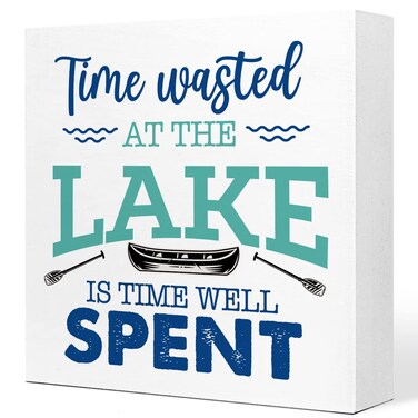 Time Wasted at The Lake is Time Well Spent Rustic Lake Wooden Plaque Sign Desk Decor,Retro Lake Cabin Home Wood Block Sign Desk Decorations for Primitive Country Lake Farmhouse Shelf Table Decor