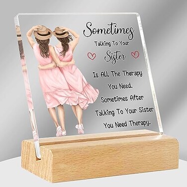 Funny Sister Gifts, Sister Birthday Gift Ideas, Sisters Gifts from Sister, Desk Decor Square Acrylic Desk Plaque Sign With Wooden Stand for Sister