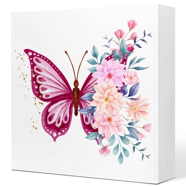 Ruvoty Floral Butterfly Wood Box Sign Desk Decor,Rustic Butterfly Table Decor for Home Girls Bedroom Women Office Shelf Decor