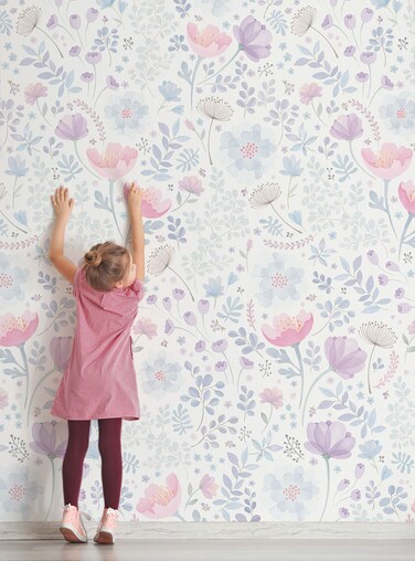 Simple Shapes Whimsy Floral Watercolor Mural Wall Art Wallpaper - Peel and Stick (2 Sheet Pack (2x8 feet), Pink Purple)