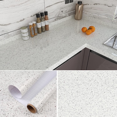 burgeliy Peel and Stick Countertops for Kitchen Wallpaper White Marble Granite Countertop Contact Paper Waterproof Bathroom Wallpaper Counter Top Covers 15.7x356 Terrazzo Contact Paper for Cabinets