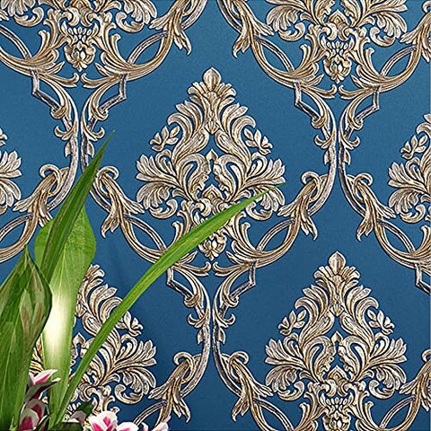 Q QIHANG 1.73&#39; W x 32.8&#39;L 3D Embossed Damask Printing Modern Minimalist European Style Bedroom TV Background Non-Woven Non-Pasted Wallpaper (A Blue)