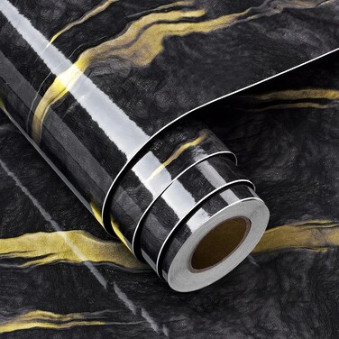 FunStick Black Liquid Marble Contact Paper for Countertops Waterproof Black Gold Marble Wallpaper Peel and Stick Countertop Paper for Kitchen Bathroom Removable Marble Wall Paper for Cabinets 12"x200