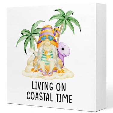 Summer Desk Decor,Funny Beach Gnome Living on The Coastal Time Beach Wooden Plaque Sign Desk Decor,Rustic Beach Theme Wood Block Sign Desk Decorations for Coastal Beach House Home Shelf Table Decor