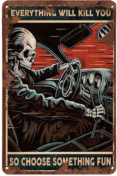 Skeleton Auto Racing Metal Sign Everything Will Kill You So Choose Something Fun Retro Tin Sign Plaque Wall Decor For Home Office Club Bar Cafe Garage Garden Men Cave 8X12 Inch