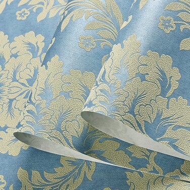 Q QIHANG 1.73' W x 32.8'L 3D Embossed Damask Wall Paper European Style Modern Minimalist Bedroom TV Background Wall Cafe Hotel Restaurant Non-Woven Non-Pasted Wallpaper (Blue)