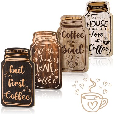 Jetec 4 Pieces Coffee Bar Sign Wall Decor Farmhouse Wood Coffee Sign Coffee Wall Hanging Plaque But First Coffee Table Sign for Coffee Bar Valentine Decoration