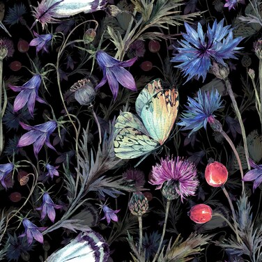 ReWallpaper Spring Floral Wallpaper Peel and Stick Dark Wild Flowers Butterfly Wallpaper Removable Floral Contact Paper Peel &amp; Stick Wall Mural 17.5in X 10ft Purple Iris/Blue/Black/Green/Pink Flowers