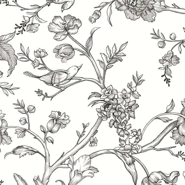 Safiyya 118"x17.3" Peel and Stick Wallpaper Floral Birds Contact Paper Black and White Wall Paper Self Adhesive Removable Wallpaper Modern Contact Paper for Walls Covering Vinyl Rolls