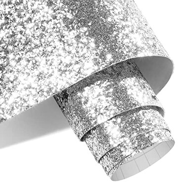Decotalk Silver Glitter Wallpaper Peel and Stick for Walls Removable Glitter Wallpaper 17.7"x120" Glitter Contact Paper Silver Wallpaper Sparkle Chunky Glitter Wall Paper for Crafts Party Decorative