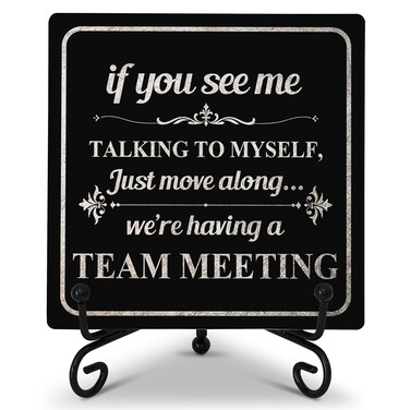 Office Desk Decor for Coworker, Team Meeting Wooden Plaque Sign With Iron Stand, If You See Me Talking To Myself, Home Office Shelf Decorations Gifts for Women Men -03