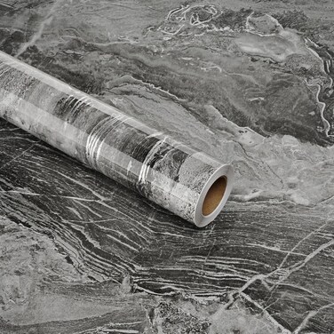 STICKEEP Black Silver Contact Paper Marble 17.71"x315" Shiny Marble Wallpaper Peel and Stick Countertops Waterproof Black Marble Contact Paper for Cabinets Desk Top Easy to Clean Glossy Vinyl Wrap