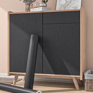 17.32" X 118"Black Wallpaper Wood Peel and Stick Paper Self Adhesive Textured Vinyl Film Removable Decorative Wall Covering Countertop Kitchen Cabinet Furniture