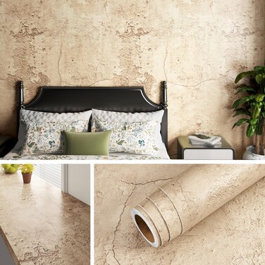 Livelynine Tan Concrete Wallpaper Peel and Stick Beige Tones Limewash Accent Wall Paper for Bedroom Bathroom Apartment Friendly Removable Cement Concrete Contact Paper for Walls Countertops 15.8x78.8