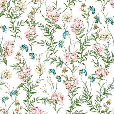 VEELIKE Turquoise Pink Floral Wallpaper Peel and Stick Boho Floral Contact Paper for Walls Shelves 17.7''x354'' Meadow Floral Wall Paper Pre-Pasted Removable Botanical Wallpaper for Bedroom Bathroom