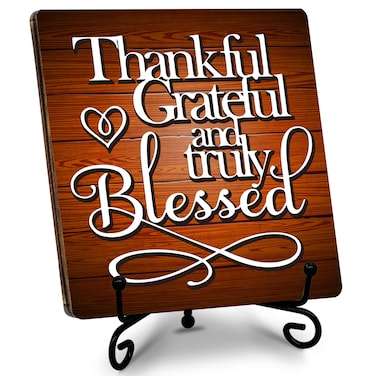 &acirc;&euro;&tilde;Thankful, Grateful and Truly Blessed&acirc;&euro;&trade; Wooden Plaque Sign Decor, Thanksgiving Gifts for Family, Home Decoration for Desk, Table, Shelf, Bedside Table, Fireplace Mantelshelf, Windowsill, etc. (023)