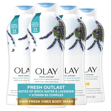 Olay Fresh Outlast Hydrating Birch Water &amp; Lavender Scent Body Wash for Women, 22 fl oz (Pack of 4)