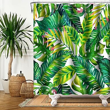 ChloropLastid Green Leaf Shower Curtain Tropical Plant Banana Monstera Palm Leaves Shower Curtain Sets Watercolor Jungle Botanical Shower Curtains for Bathroom 71x71 in with 12 Hooks