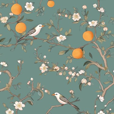 Green Floral Wallpaper Peel and Stick, Birds Contact Paper Orange Fruits,White Flowers Botanical Boho Wall Paper Self Adhesive Waterproof Removable for Room Shelves Cabinet Drawer Table 17.5" x 118