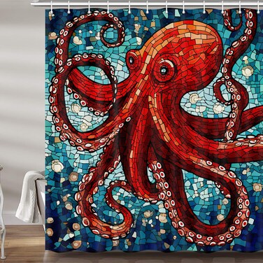 JAWO Octopus Shower Curtain for Bathroom, Cool Ocean Nautical Red Kraken Fabric Shower Curtains Set, Trippy Funny Restroom Decor Accessories, Hooks Included 72X 72Inch