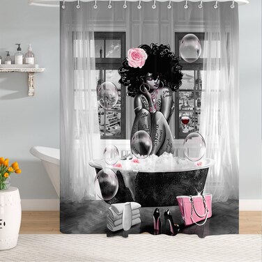 TYAKASHA African American Woman Shower Curtain Waterproof Polyester Fabric Shower Curtain for Bathroom Grey Bathroom Curtain Machine Washable Quick Dry 72 x 72 Inches with 12 Hooks