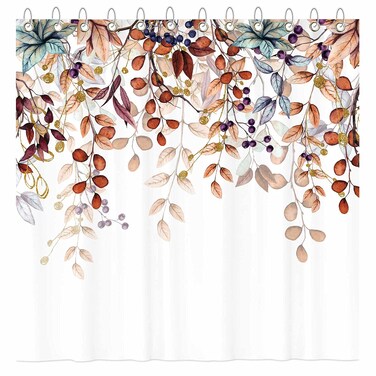 Funnytree Watercolor Autumn Hanging Leaves Botanical Shower Curtain Set with Hooks Fall Thanksgiving Bathroom Bathtubs Decor Washable Durable Polyester Fabric 72"x72