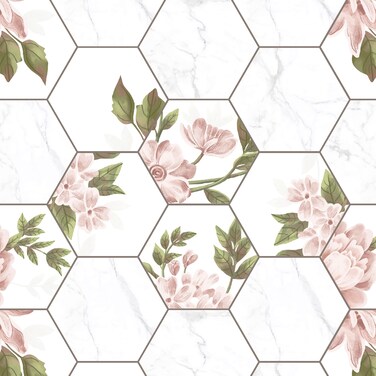 Fiula Hexagon and Floral Peel and Stick Wallpaper 393 "x16.1 Geometric Contact Paper Floral Wallpaper for Bedroom Waterproof Removable Shelf Liner Decal Vinyl Roll
