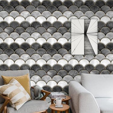 17.7"x236" 3D Fish Scales Wallpaper Grey Mermaid Scales Wallpaper Self Adhesive Watercolor Sea Waves Scales Scallop Contact Paper Wall Paper Murals for Bedroom Living Room TV Sofa Background Home