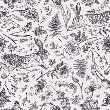 CRE8TIVE 24"x354" Wide Black and White Peel and Stick Wallpaper Rabbit Butterfly Floral Wallpaper Mural Removable Nursery Wallpaper Vinyl Self Adhesive Contact Paper for Girls Room Bathroom Wall Decor