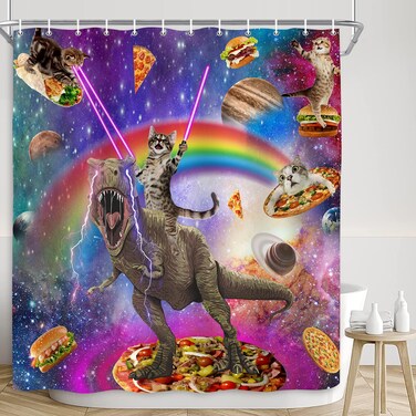 Funny Cat Shower Curtain, Cool Cat Riding Dinosaur on Fantasy Galaxy Space Shower Curtain, Cute Hilarious Outer Universe Anime Kid Bath Curtain, Polyester Waterproof with 12 Hooks 72x72 inch