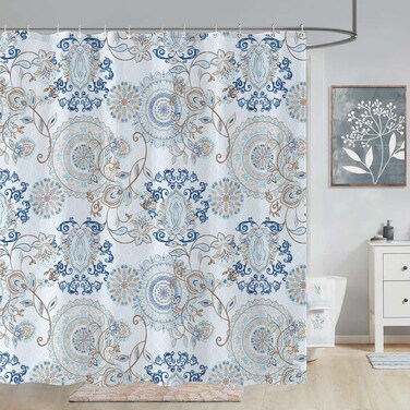 Neasow Light Blue and Navy Paisley Shower Curtain, Cool Teal Design Floral Bathroom Curtain Shower Curtains 72&Atilde;&mdash;72 inches