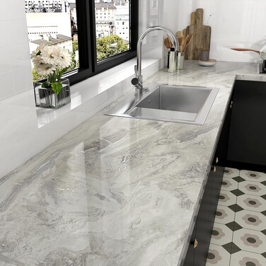 Glossy Silver/Beige Marble Countertop Contact Paper 24''x118'' Shiny Peel and Stick Marble Wallpaper for Bathroom Kitchen Waterproof Self Adhesive Marble Wall Paper for Drawers Desk Shelf Liner Decor