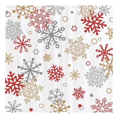 Allenjoy 72" x 72" Christmas Snowflakes Shower Curtain Red Gold Winter Merry Xmas New Year Holiday Home Bathtubs Farmhouse Bathroom Curtain Decoration Washable Durable Polyester Fabric