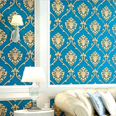 Q QIHANG European Style Simple 3D Damask Waterproof Living Room Bedroom Non-Pasted PVC Wall Paper 1.73' W x 32.8'L (Blue)