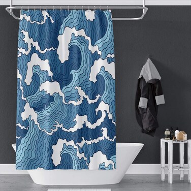 OERJU Japanese Shower Curtain Kanagawa Wave Nautical Comic Bath Curtain Blue Abstract Waterproof Polyester Fabric Bathroom Decor Set with Hooks 65x72inch