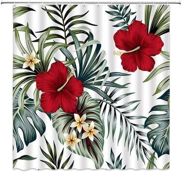 Tropical Shower Curtain Sage Green Plant Red Flower Palm Tree Leaf Floral Boho Summer Hawaii Jungle Botanical Hibiscus Plumeria Nature Herb Aesthetic Modern Art Fabric Bathroom Decor Curtain With Hook