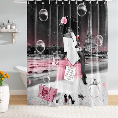 TYAKASHA African American Woman Shower Curtain Pink Bag Perfume Eiffel Tower Bubble Waterproof Polyester Fabric Bathroom Decoration Quick Dry 72 x 72 Inches with 12 Hooks