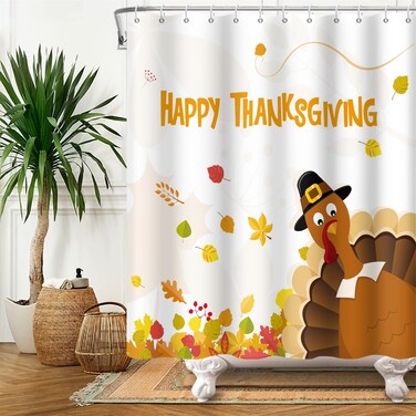 ChloropLastid Thanksgiving Cute Turkey Shower Curtain Autumn Fall Maple Leaf Shower Curtains Sets Lovely Give Thanks Bathroom Curtain 72x72 in with 12 Hooks