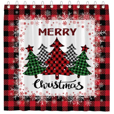 Funnytree Red Buffalo Check Plaid Merry Christmas Trees Shower Curtain for Bathroom Set Winter Xmas Farmhouse Home Bath Bathtub Decoration Durable Fabric Machine Washable with 12 Hook 72"x72
