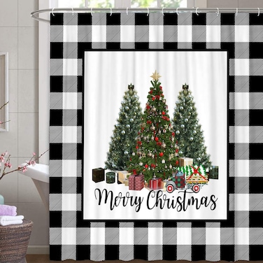 TYAKASHA Merry Christmas Shower Curtain Black White Buffalo Check Plaid Christmas Trees Truck Gift Waterproof Polyester Fabric Bathroom Decoration 72 x 72 Inches with 12 Hooks
