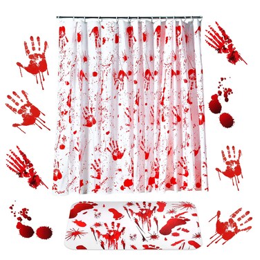 6 Pieces Halloween Bloody Handprint Footprint Shower Curtain Set Include Bloody Shower Curtain Bloody Handprint Door Mat and Halloween Handprints Footprints Window Clings for Halloween Bathroom Decor