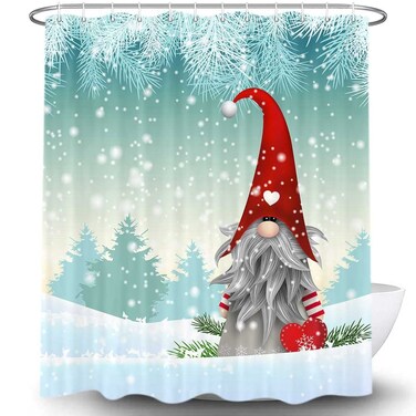 Gnomes Merry Christmas Shower Curtain, Cute Gnome Snowman in Winter Snow Land, Waterproof Fabric Shower Sets, Snowflake Christmas Tree Bathroom Decor, Red
