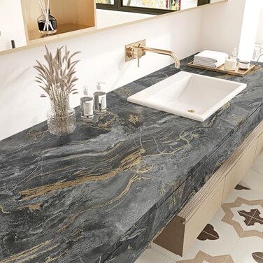 Wallercity 15.7''x236'' Black and Gold Marble Contact Paper Matte Peel and Stick Countertops Vinyl Waterproof Marble Wallpapers Self Adhesive Removable Granite Stick on Wallpaper for Cabinets Drawers
