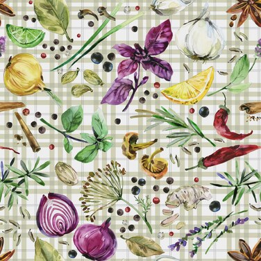VaryPaper 17.7''x78.7'' Herbs and Spices Wallpaper Watercolor Ingredients Plaid Peel and Stick Wallpaper Removable Wall Mural Self Adhesive Contact Paper for Walls Kitchen Pantry Room Shelves Table