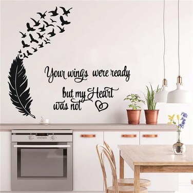Feather Flying Birds Wall Sticker Quotes Your Wings were Ready But My Heart was Not Words Art Mural Decoration Vinyl Decal TM-128 (Black)