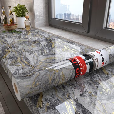 Decotalk Marble Contact Paper Glossy Grey Gold Marble Countertop Contact Paper Waterproof 17.7x120Inch Gold Grey Marble Contact Paper Peel and Stick Marble Wallpaper Marble Countertop Vinyl Wrap