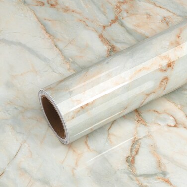 VEELIKE Wide Peel and Stick Countertops for Kitchen Waterproof Blue Gold Marble Contact Paper 32''x118'' Glossy Marble Countertop Vinyl Wrap Self Adhesive Granite Wallpaper for Bathroom Cabinets Walls