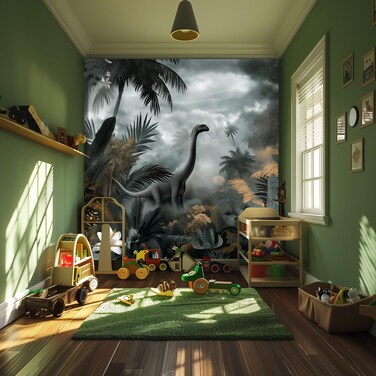 AMUGISH Dinosaur Garden Wall Mural Wallpaper for Kids   Peel and Stick   Prehistoric Scene for Living Room, Bedroom, Kitchen, Nursery - 135''W x 105''H Peel and Stick