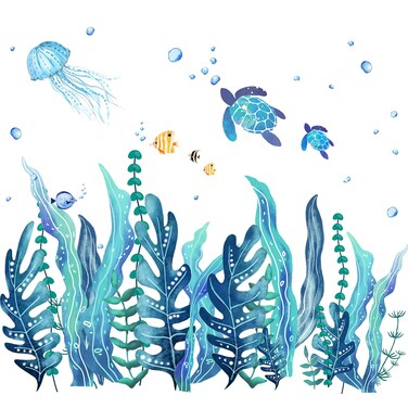 5 Sheets 3D Under The Sea Seaweed Wall Decals Sea Turtles Wall Stickers Ocean Grass Jellyfish Fish Removable Vinyl Wall Sticker for Bedroom Bathroom Living Room Wall(Classic Style)