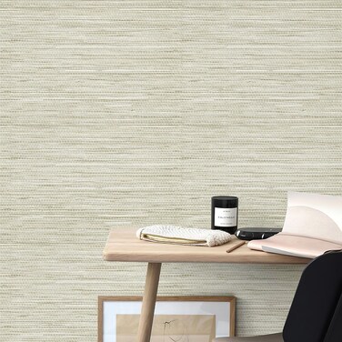 Simon&amp;Siff Cream Textured Grasscloth Peel and Stick Wallpaper 17.7"x118" Neutral Faux Grassweave Wallpaper Waterproof Self Adhesive Removable Fabric Wallpaper Wall Mural for Bedroom Kitchen Cabinet